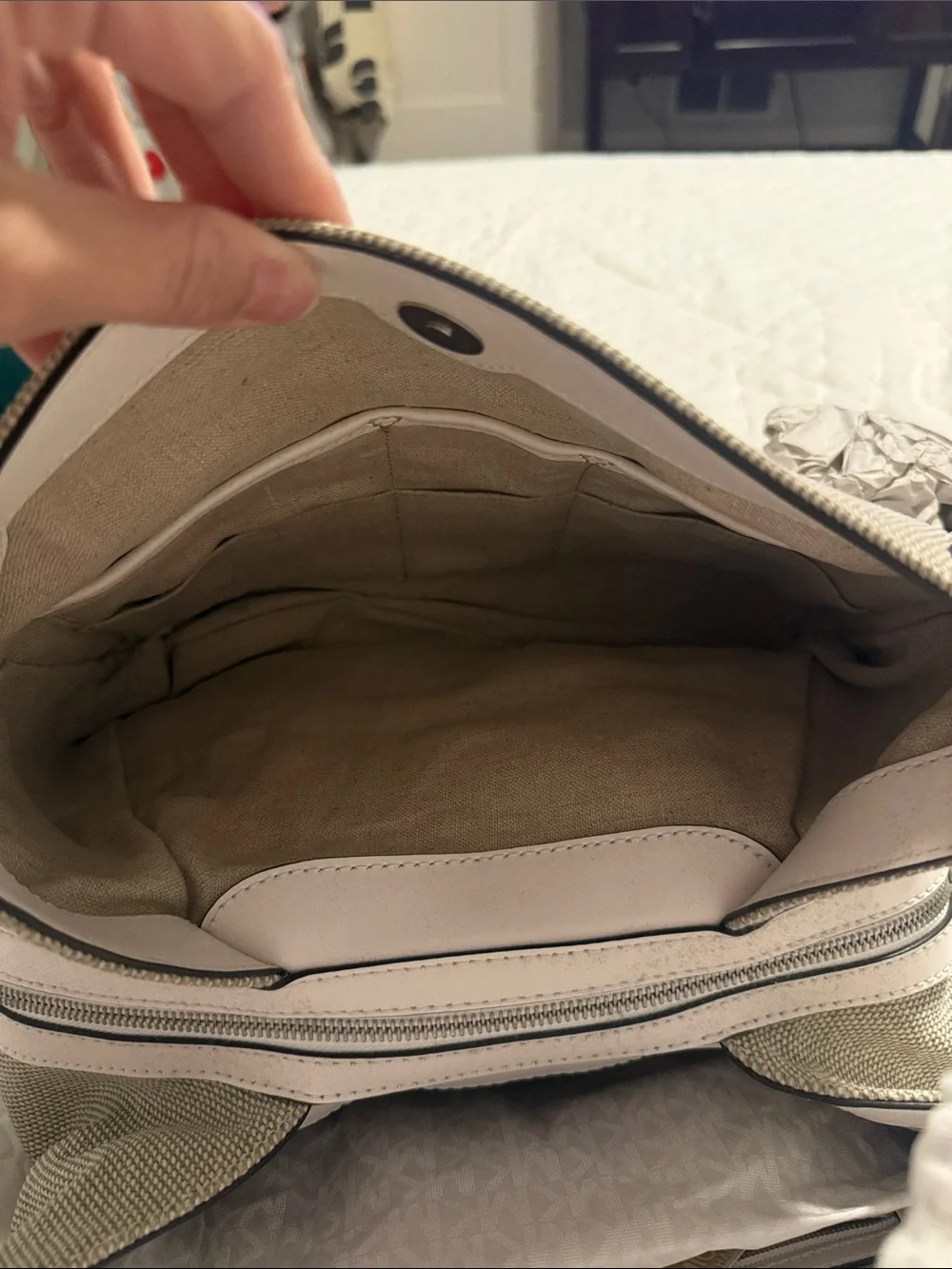Michael Kors Beige Canvas Shoulder Tote with Silver Grommets